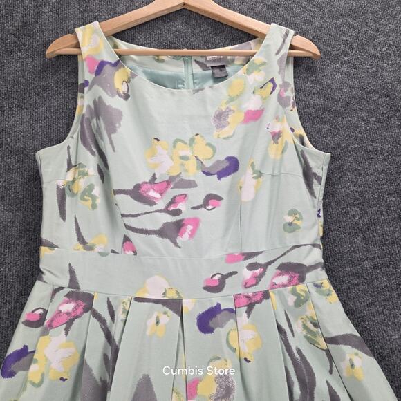 H&M Dress Womens 12 Green Floral Fit & Flare Pleated Lined Sleeveless Back Zip - Picture 4 of 11